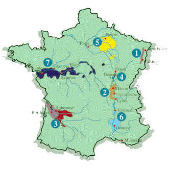 Kaart van Franse wijnstreken en wijngebieden in Frankrijk